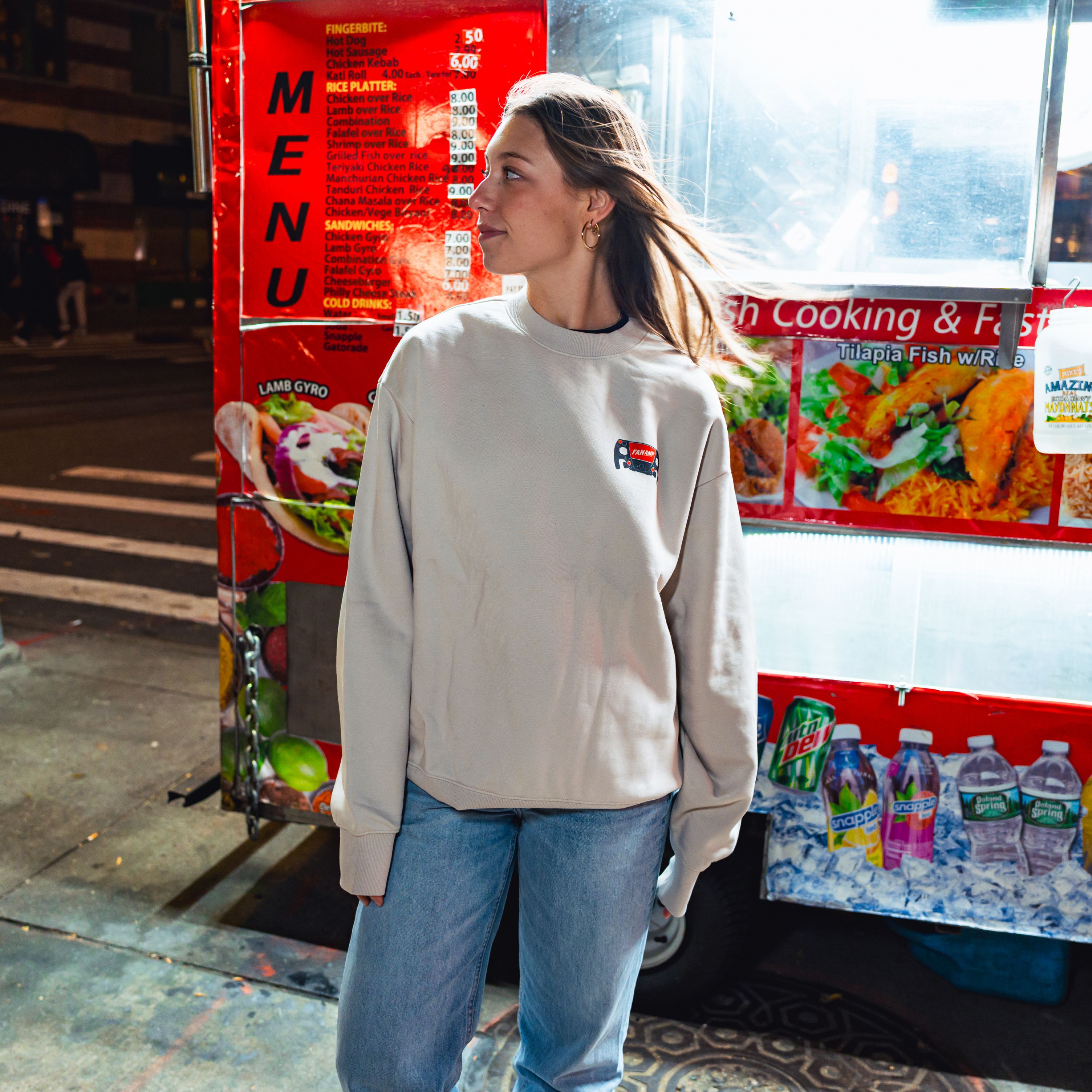 Model in NYC showing the front of the Bone Make The Pass crewneck