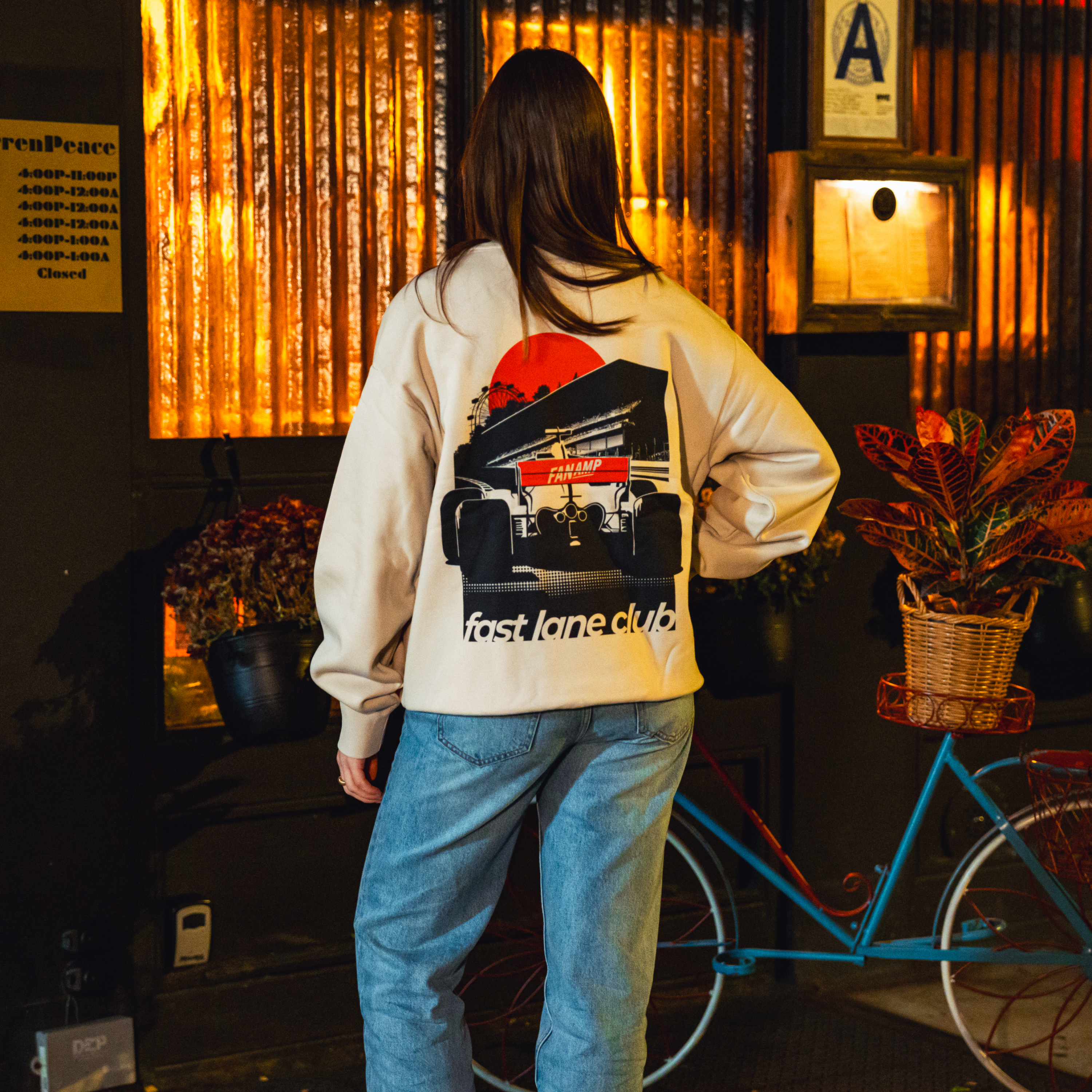 Model in NYC showing the back of the Bone Make The Pass crewneck