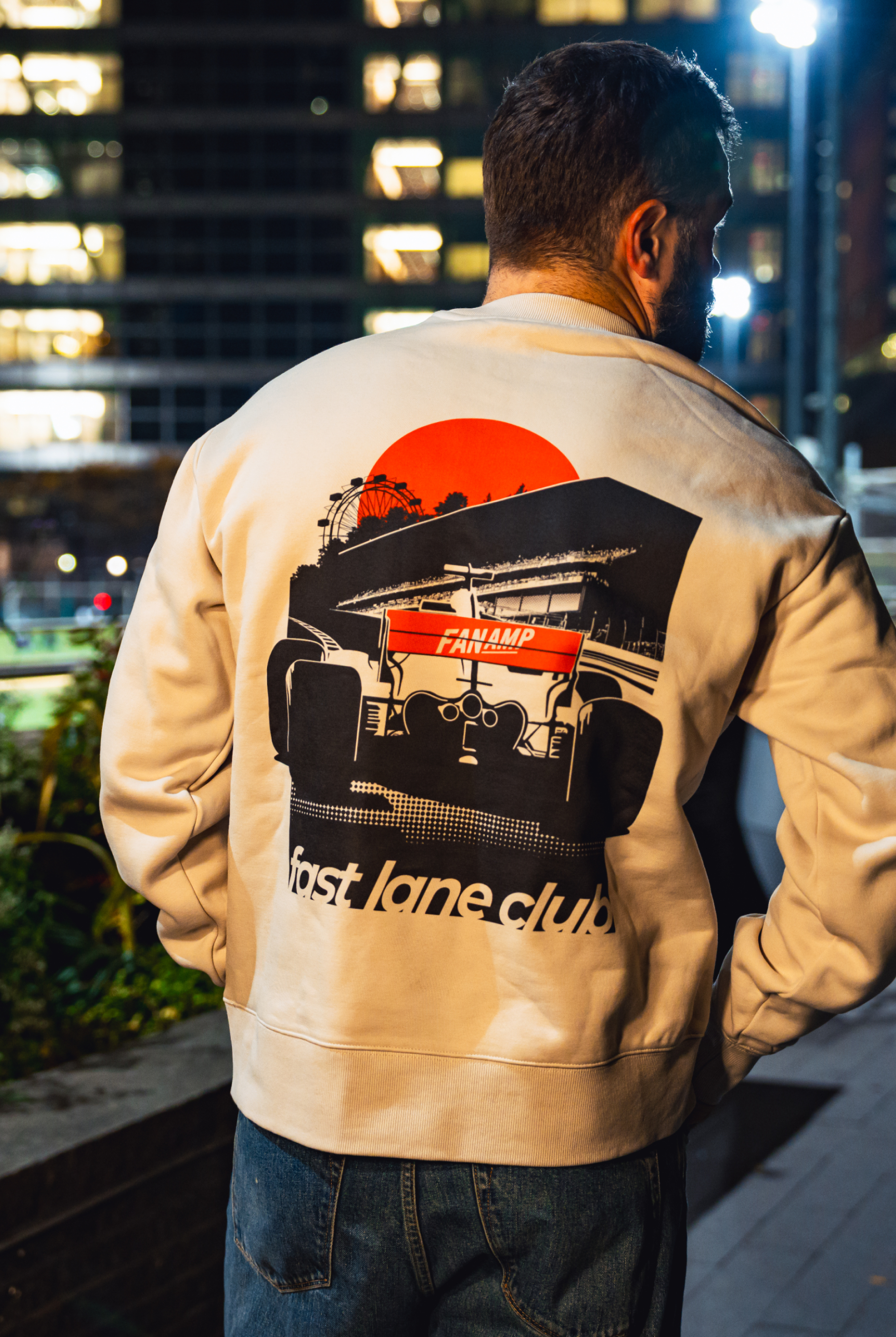 Model in NYC showing the back of the Bone Make The Pass crewneck