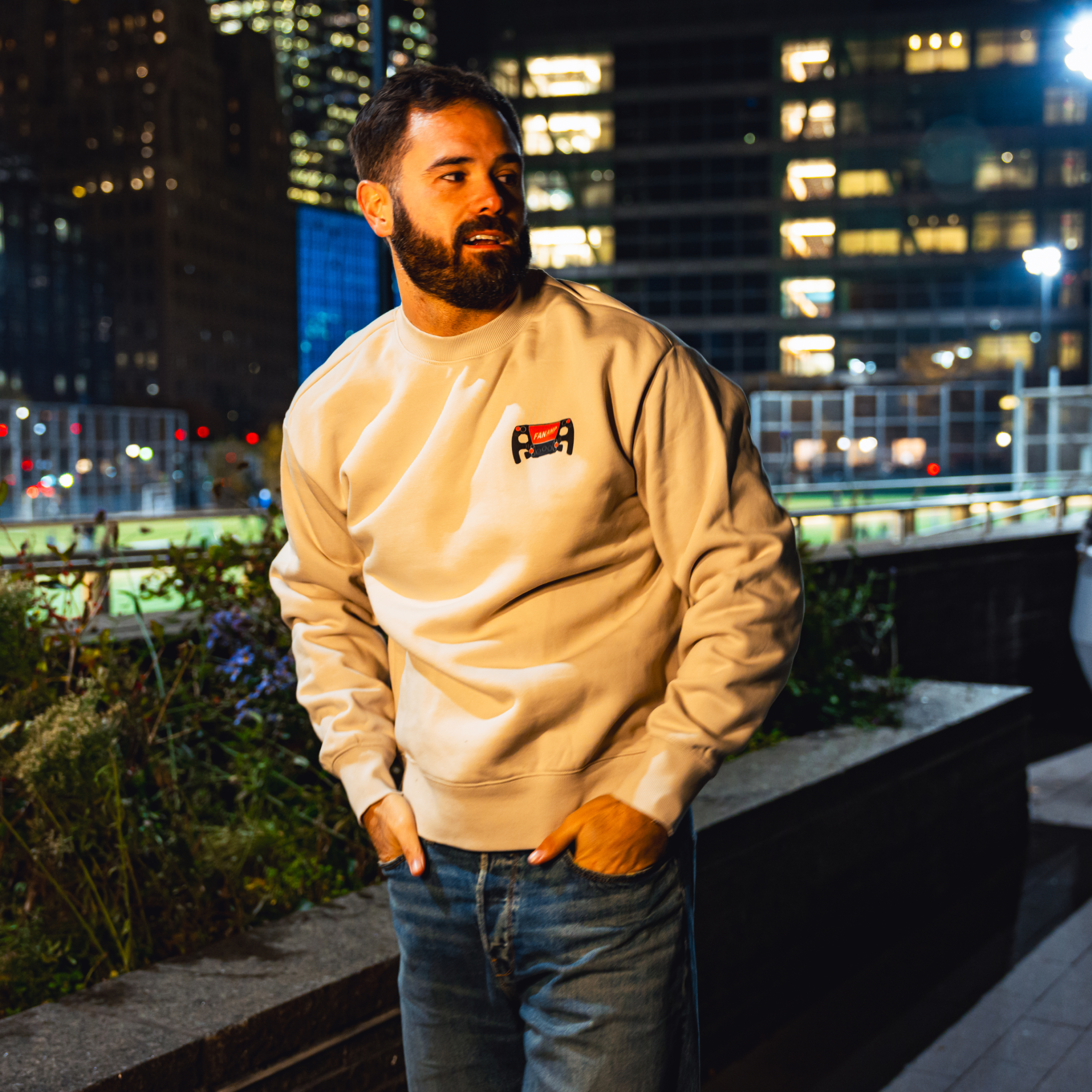 Model in NYC showing the front of the Bone Make The Pass crewneck