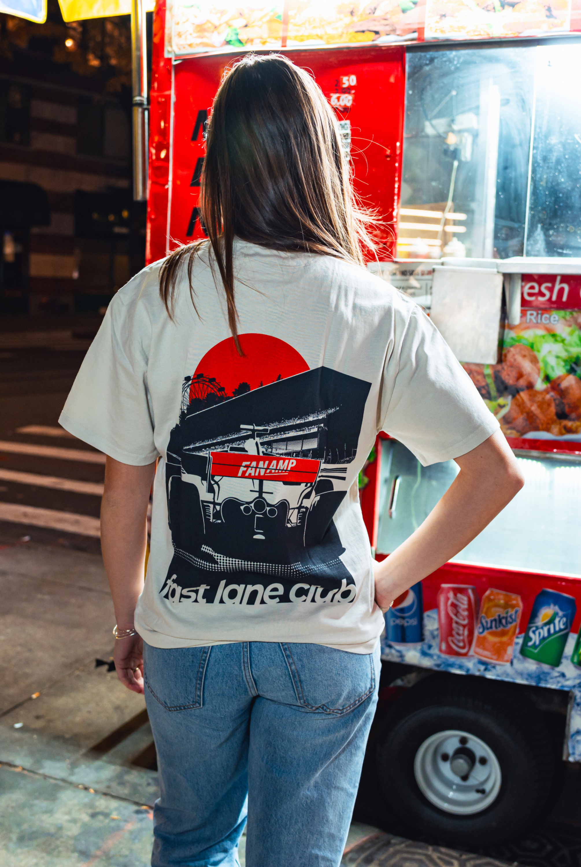 Model in NYC showing the back of the Faded Bone Make The Pass t-shirt