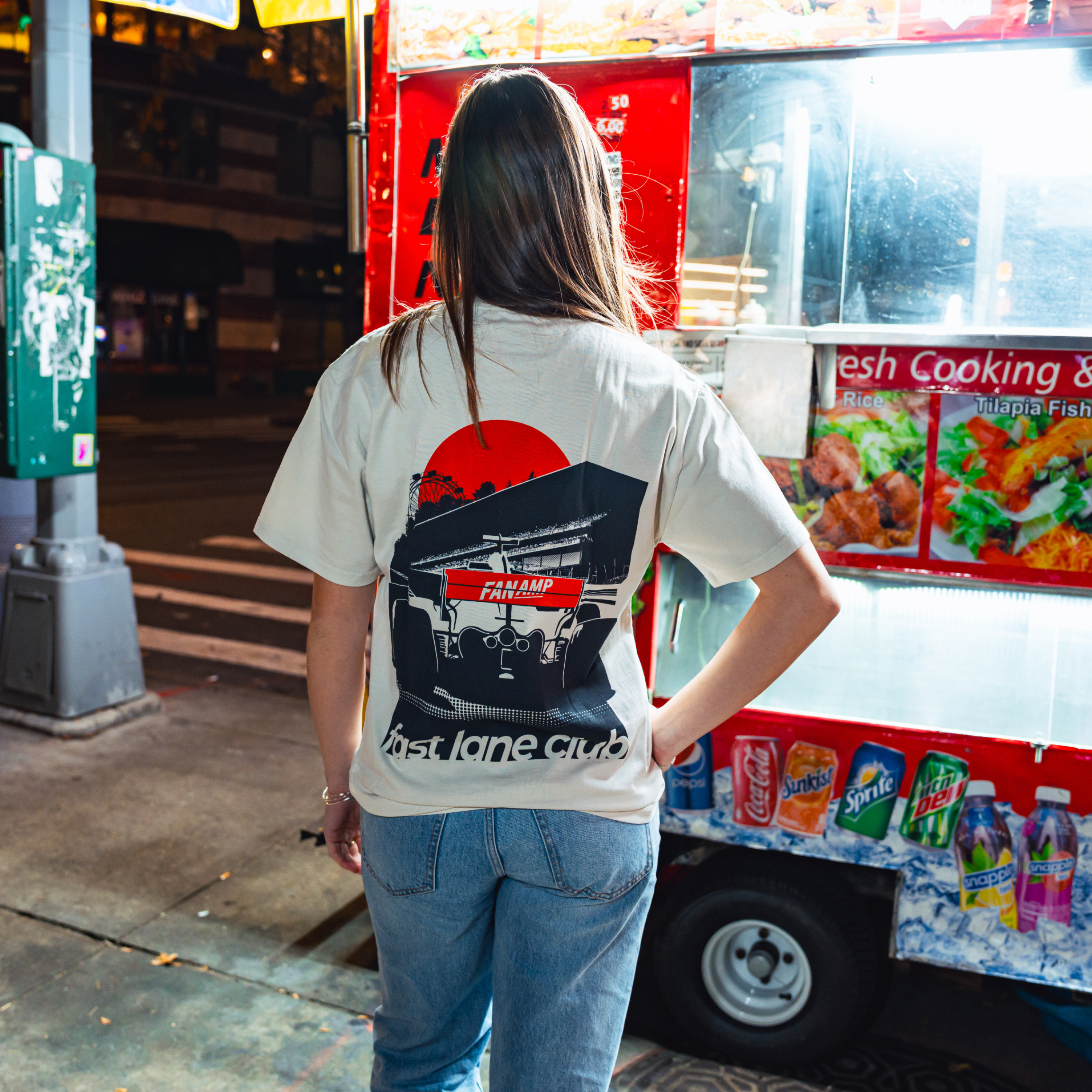 Model in NYC showing the back of the Faded Bone Make The Pass t-shirt
