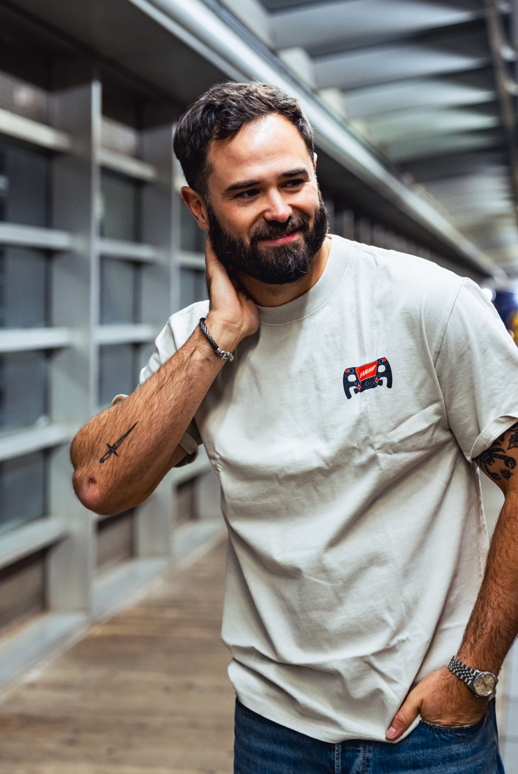 Model in NYC showing the front of the Faded Bone Make The Pass t-shirt