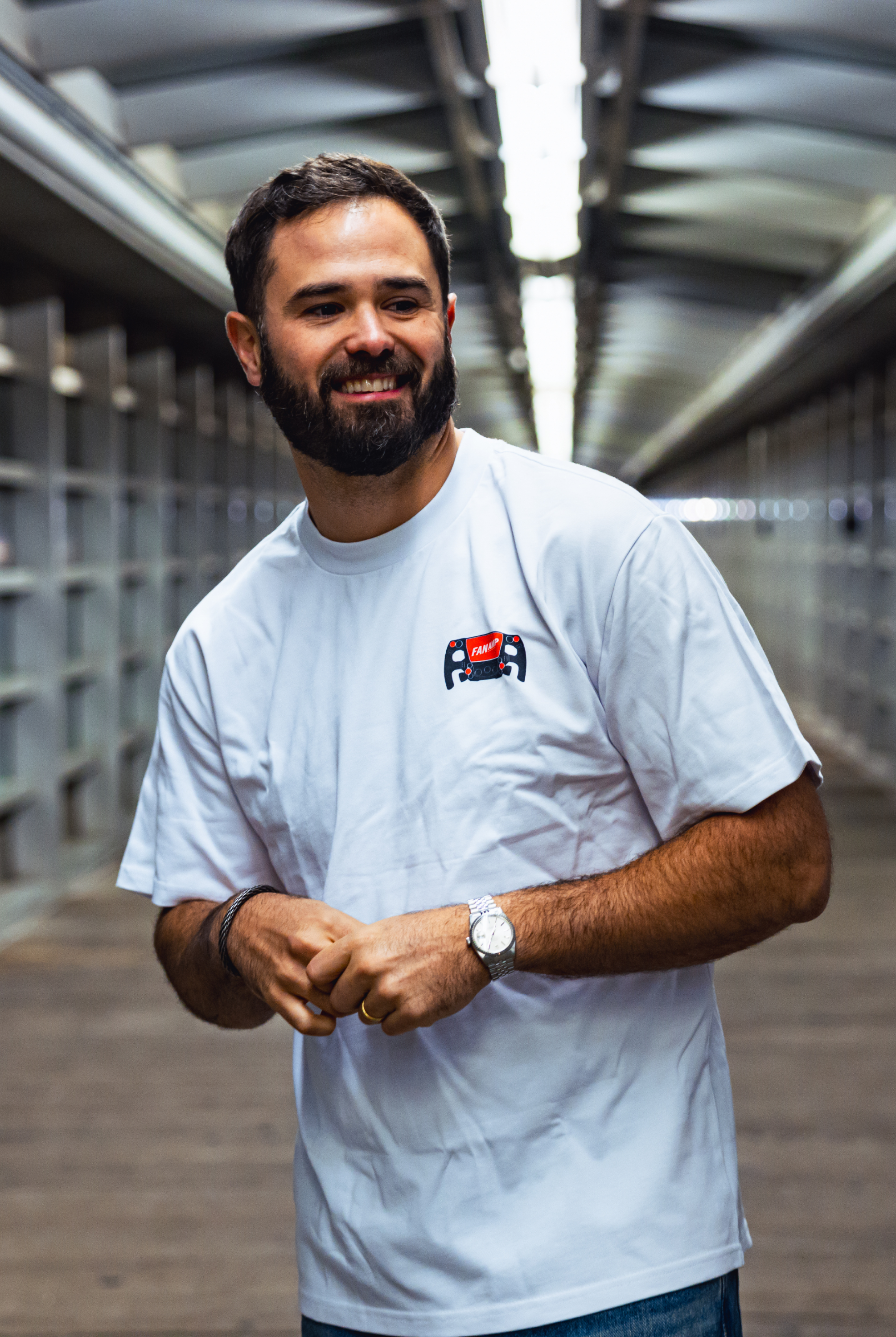 Model in NYC showing the front of the white Make The Pass t-shirt