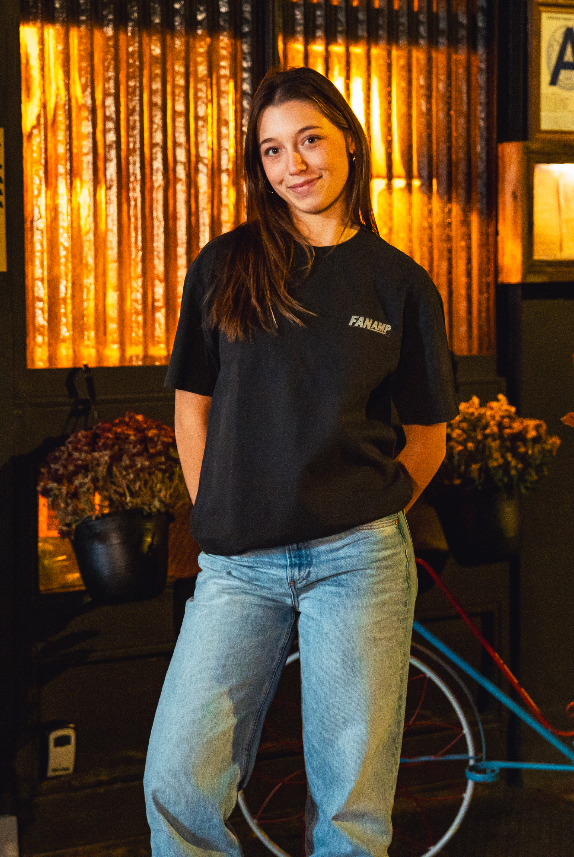 Model in NYC showing the front of the faded black Safety First t-shirt