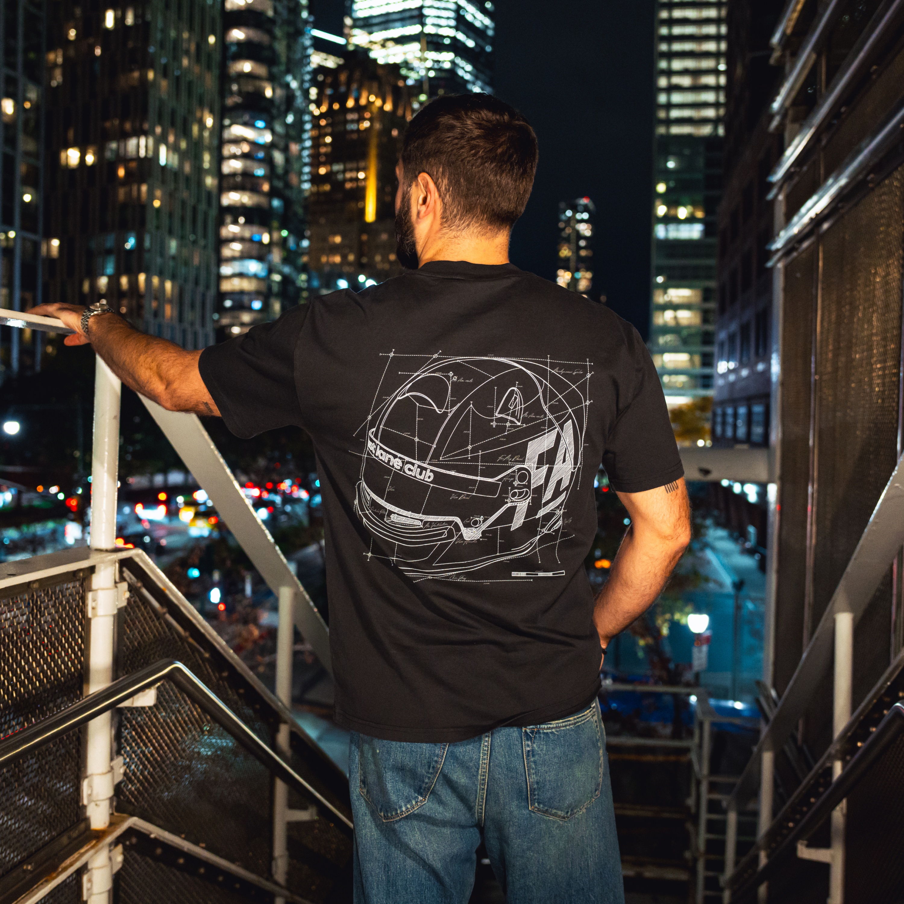 Model in NYC showing the back of the faded black Safety First t-shirt