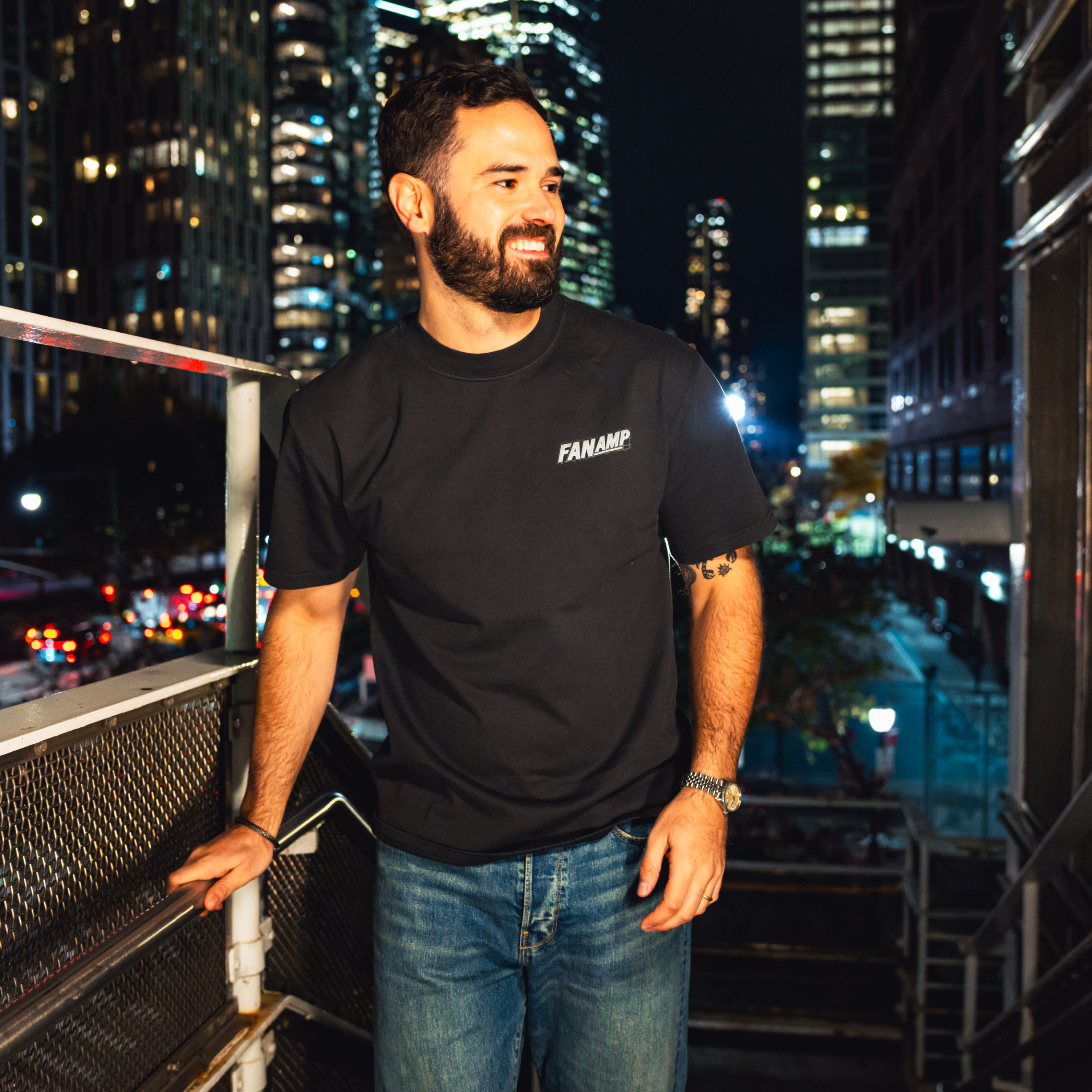 Model in NYC showing the front of the faded black Safety First t-shirt