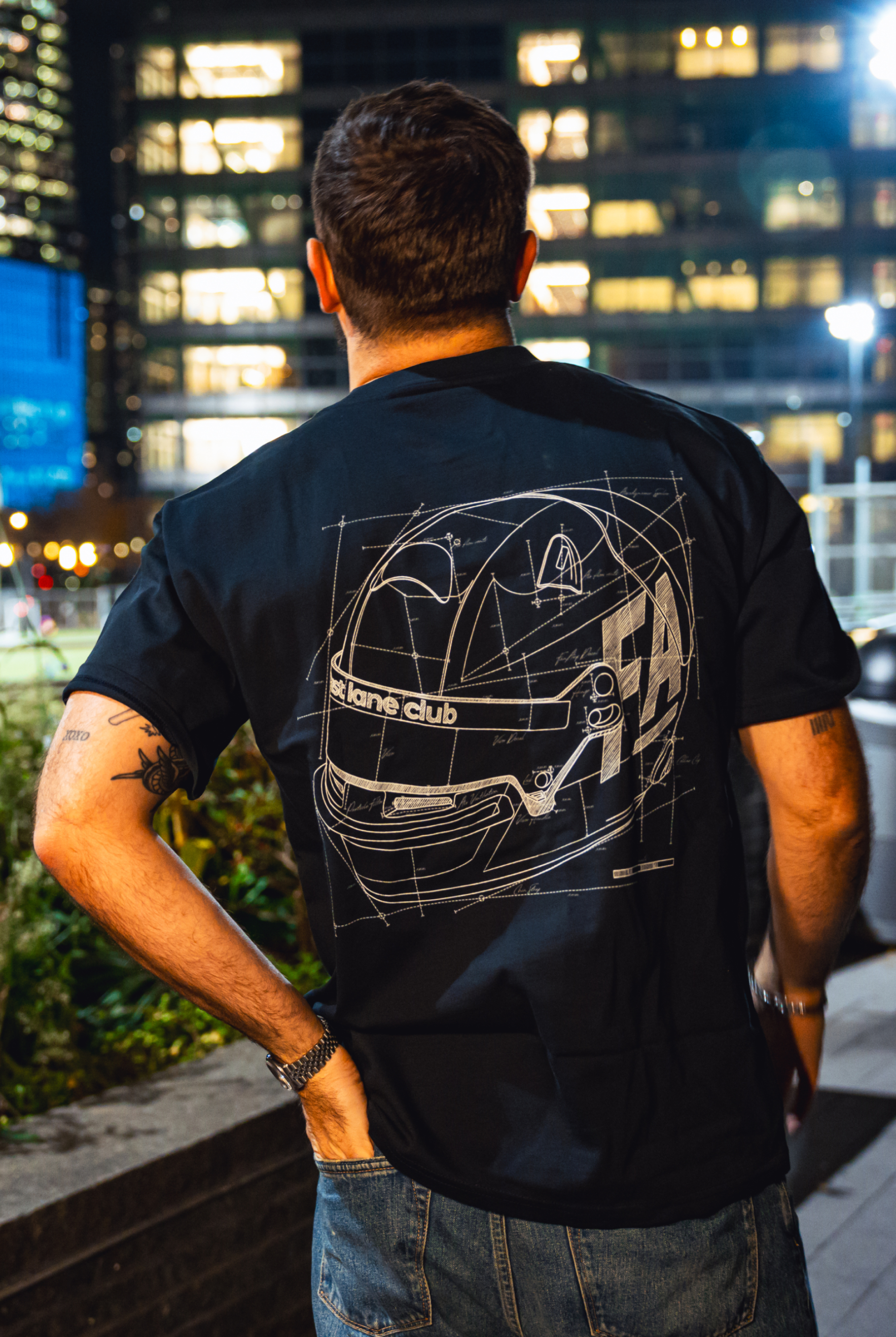 Model in NYC showing the black of the navy Safety First t-shirt