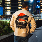 Model in NYC showing the back of the Bone Make The Pass crewneck