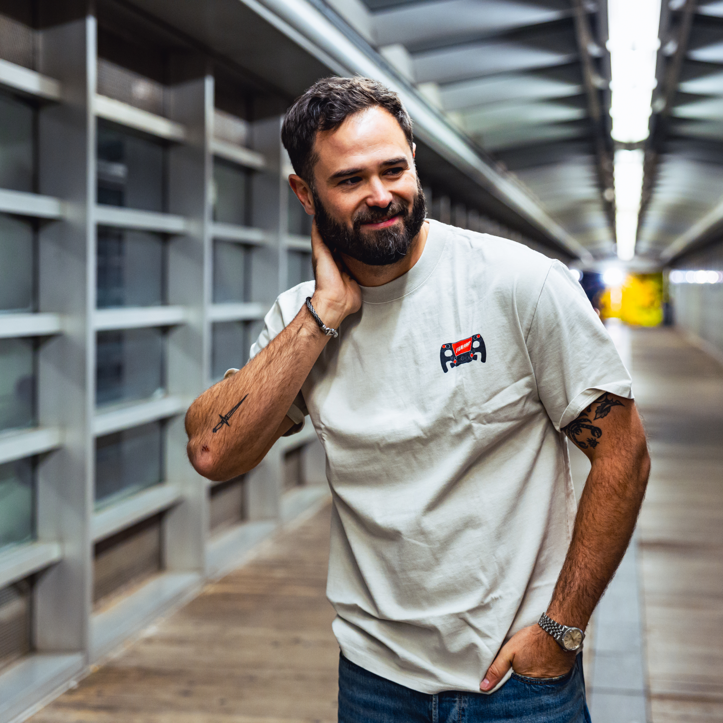 Model in NYC showing the front of the Faded Bone Make The Pass t-shirt