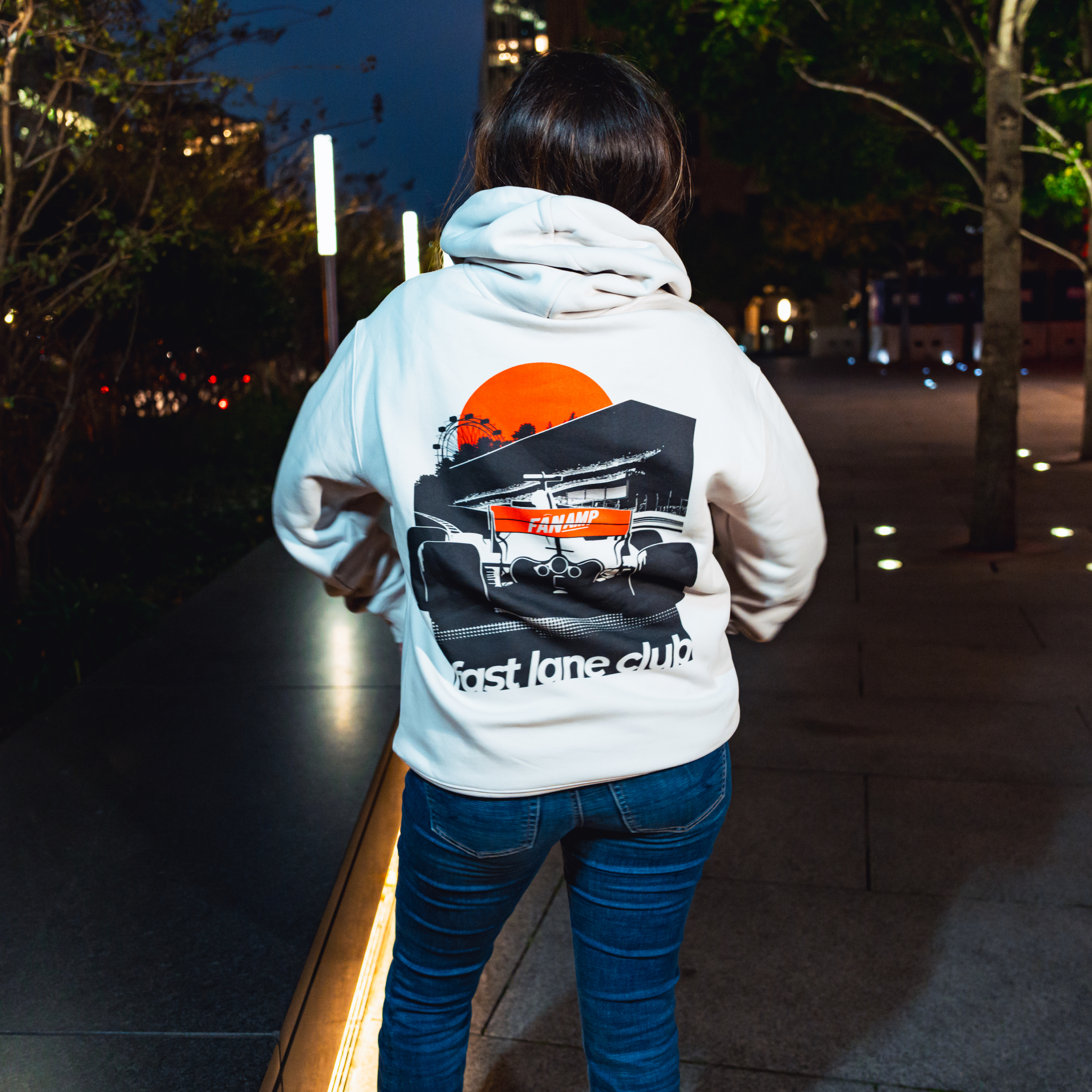 Model in NYC showing the back of the Bone Make The Pass hoodie