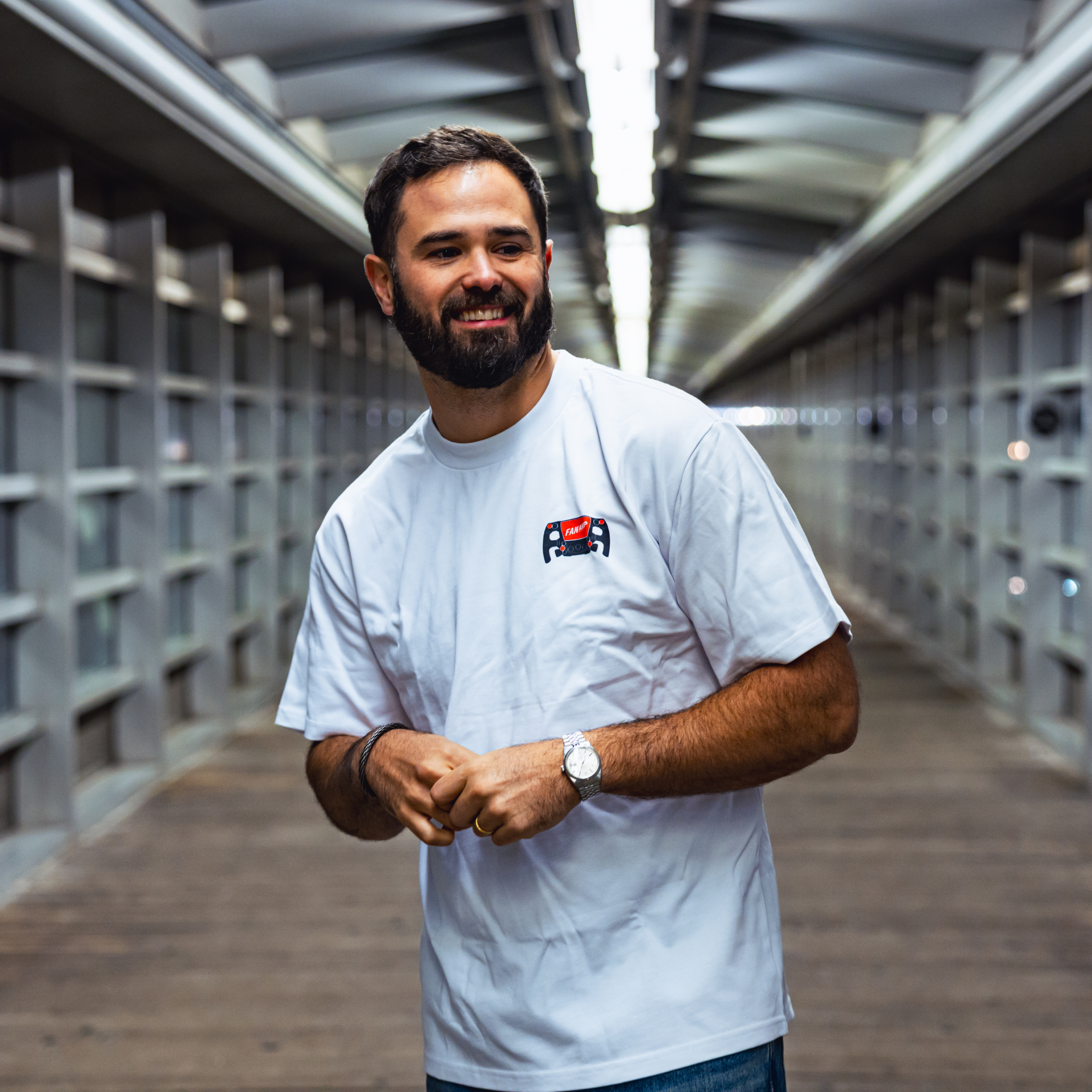 Model in NYC showing the front of the white Make The Pass t-shirt