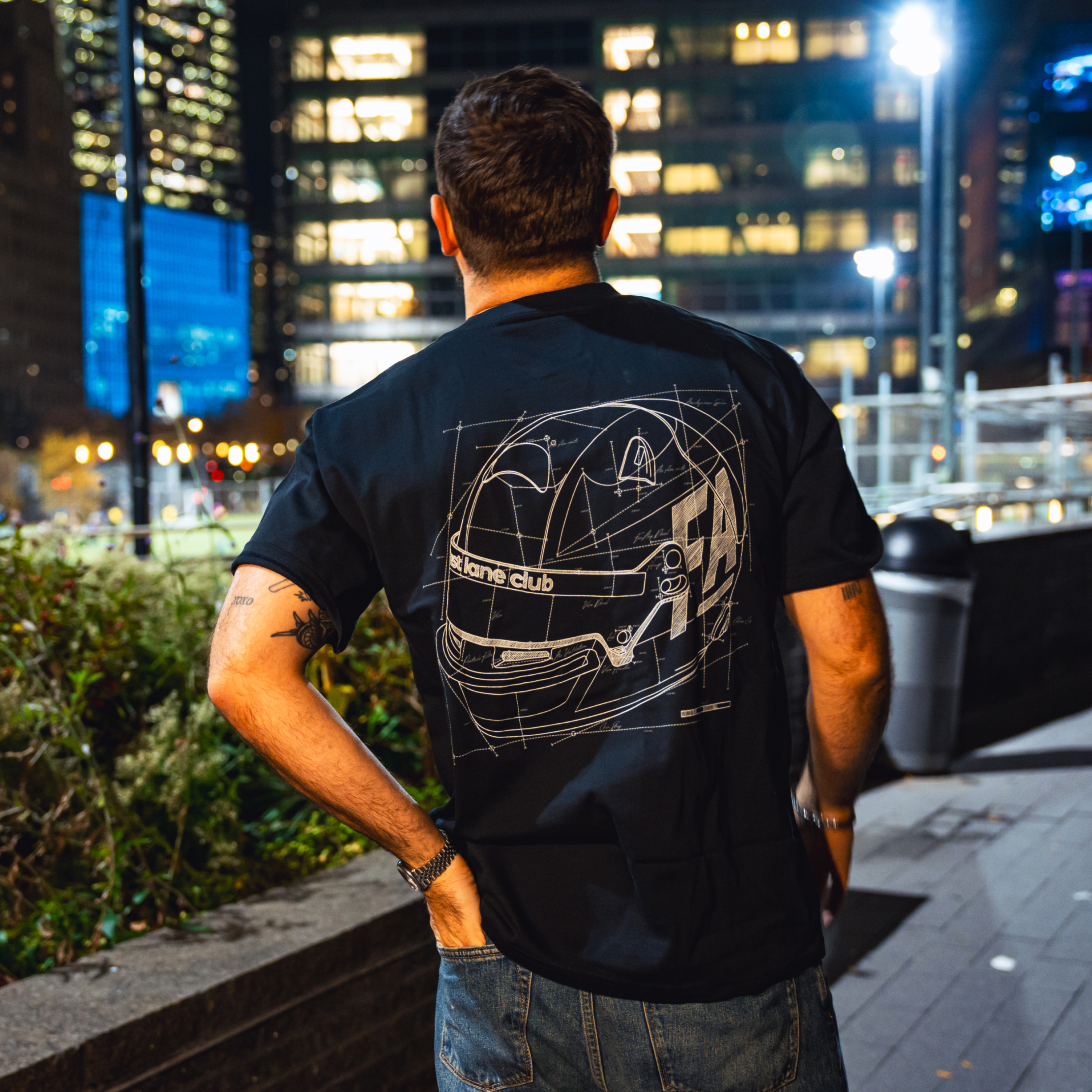 Model in NYC showing the black of the navy Safety First t-shirt