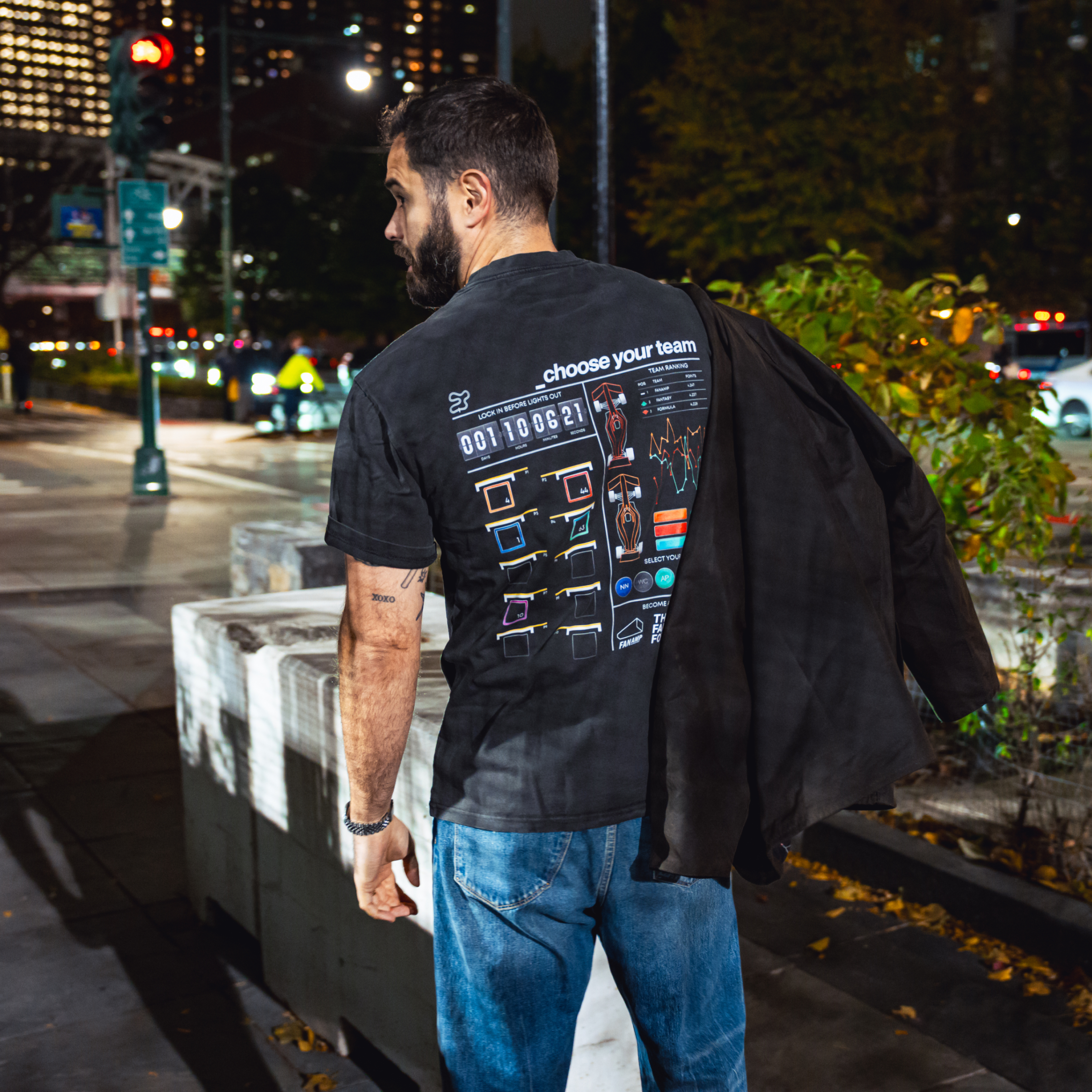 Model in NYC showing the back of the Faded Coal Fantasy Strategist t-shirt